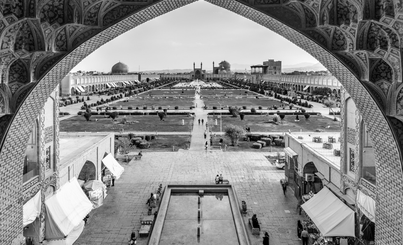 Black and white image of a courtyard in Iran