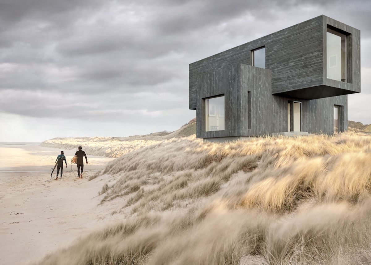 illustration of modern modular home on beach, with two intersecting volumes