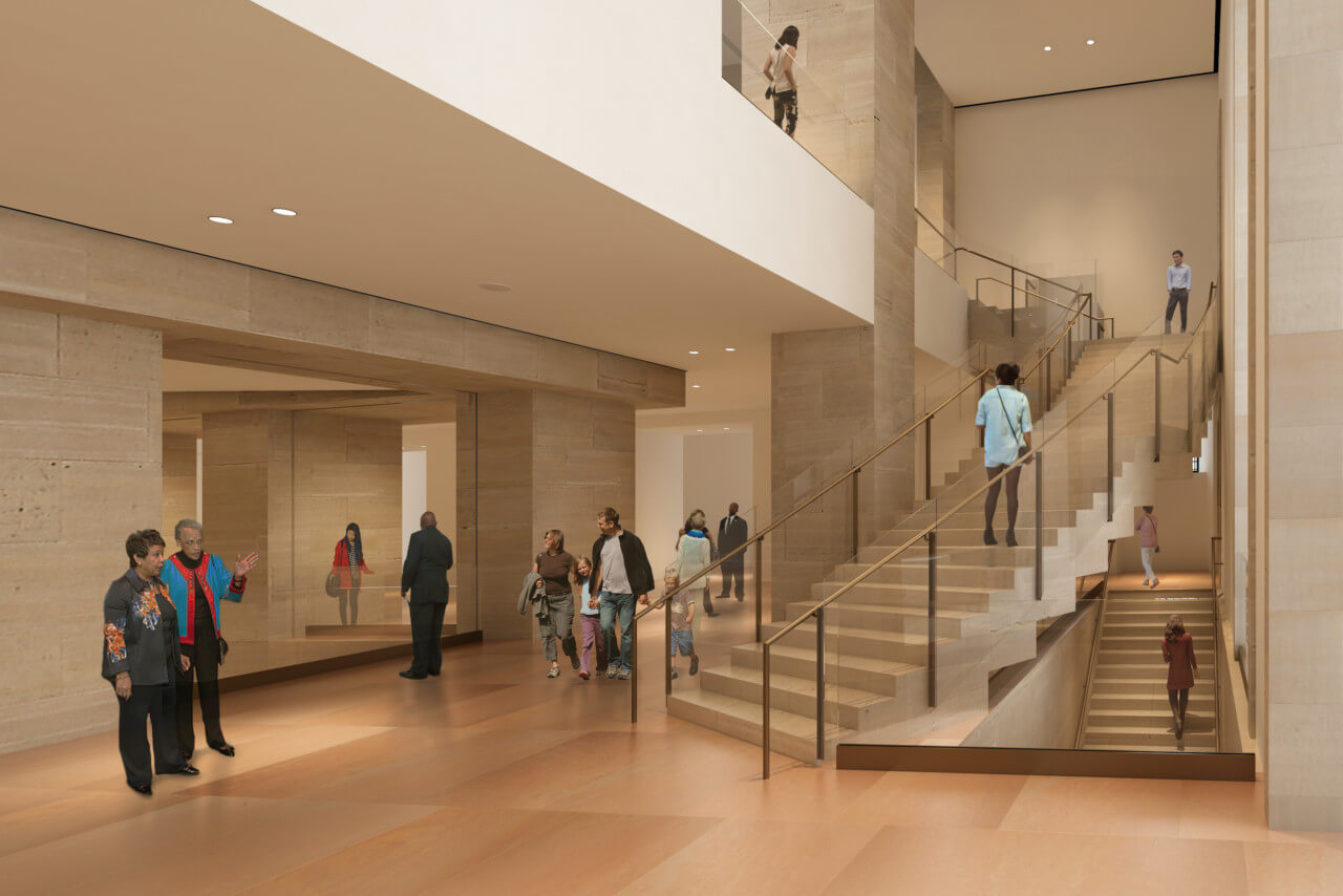 rendering of a museum space with staircase