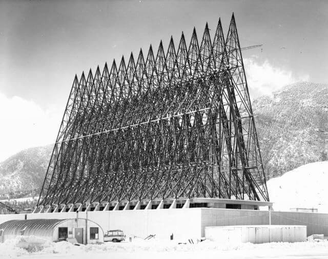Black and white historic photo of the air force chapel being framed