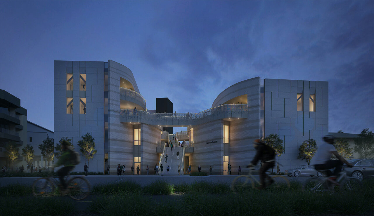 exterior nighttime rendering of a planned classroom building at UCSB