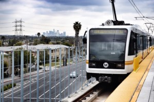 An LA metro train chugging down the tracks
