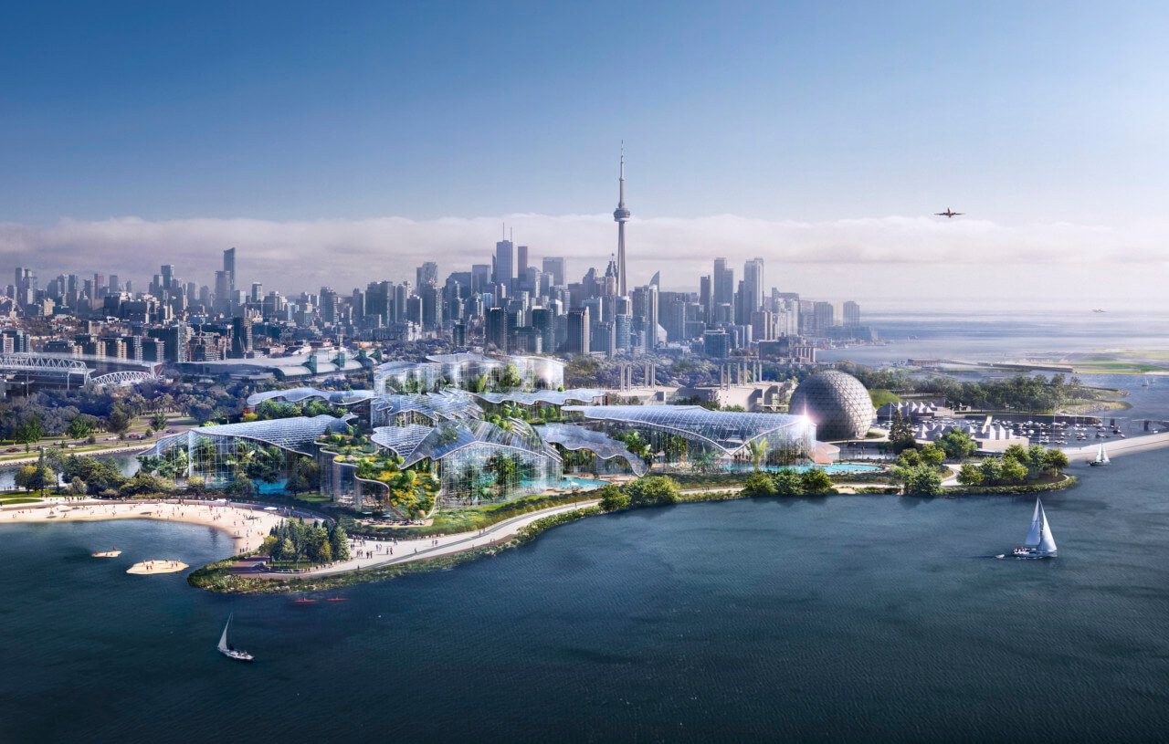 rendering of a curvy, glass-sheathed spa and wellness complex with the toronto skyline visible in the distance