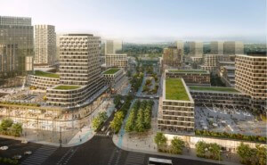 rendering of a mixed-use development with green roofed buildings atop the former shoppers world brampton site