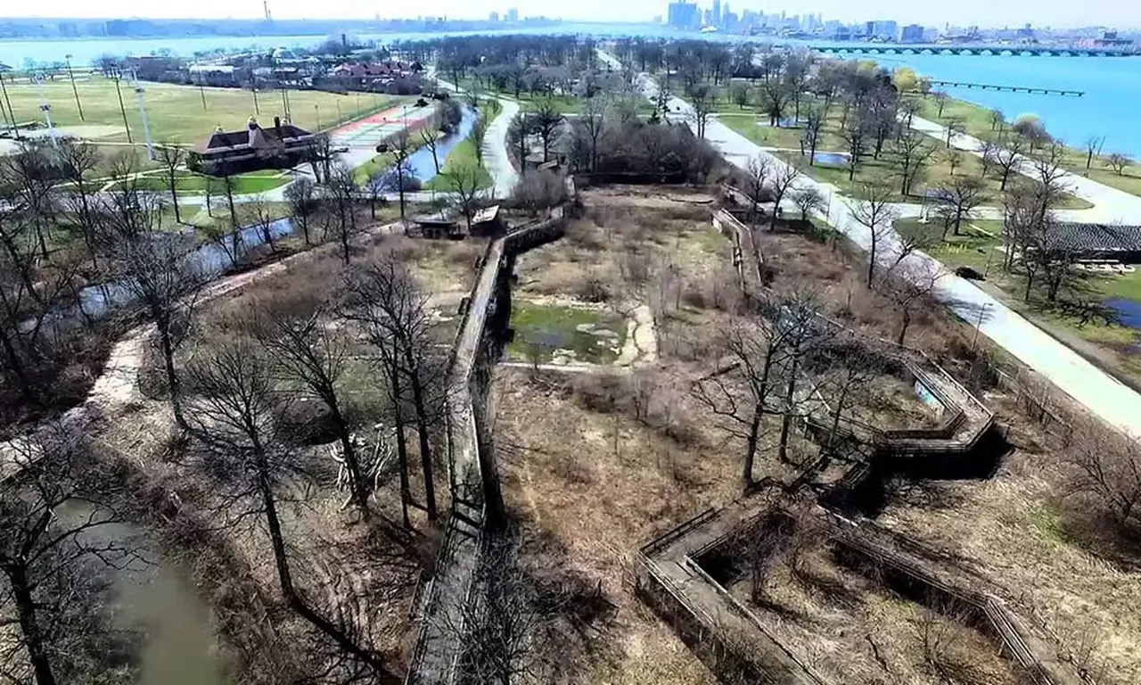 aerial view of an abandoned zoo on an island