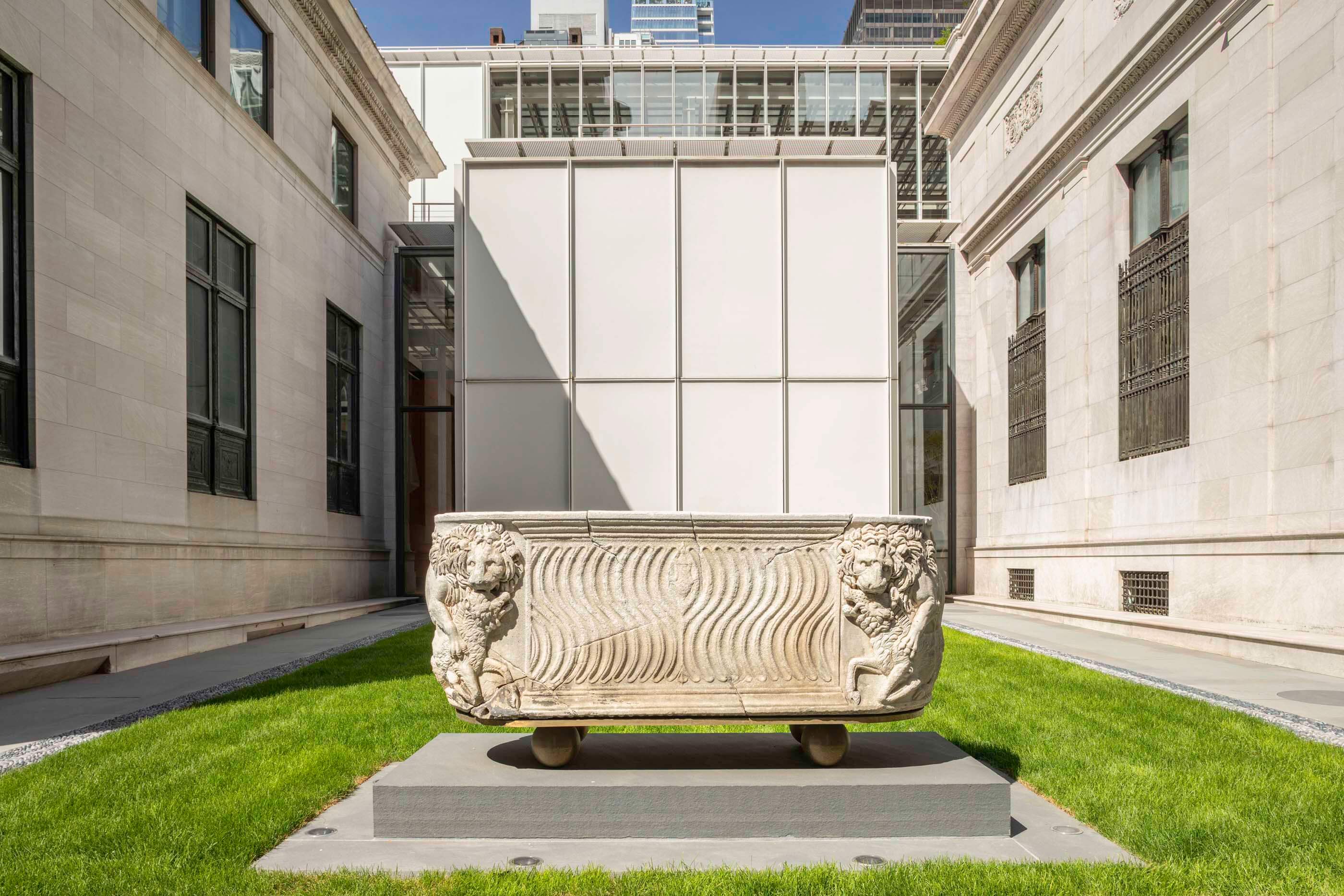 A roman sarcophagus on display in the new gardens