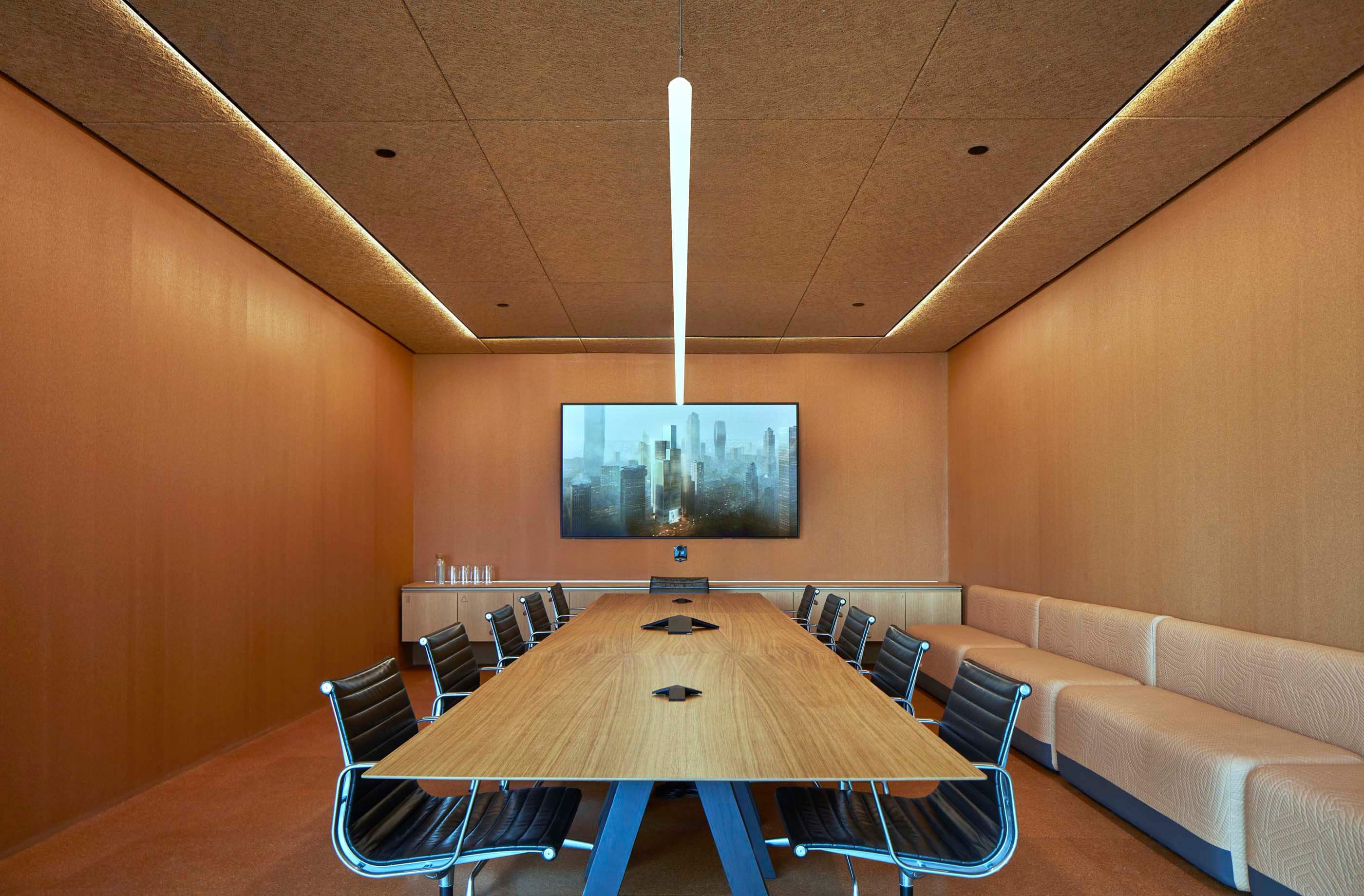 conference room with cork walls for sound absorption