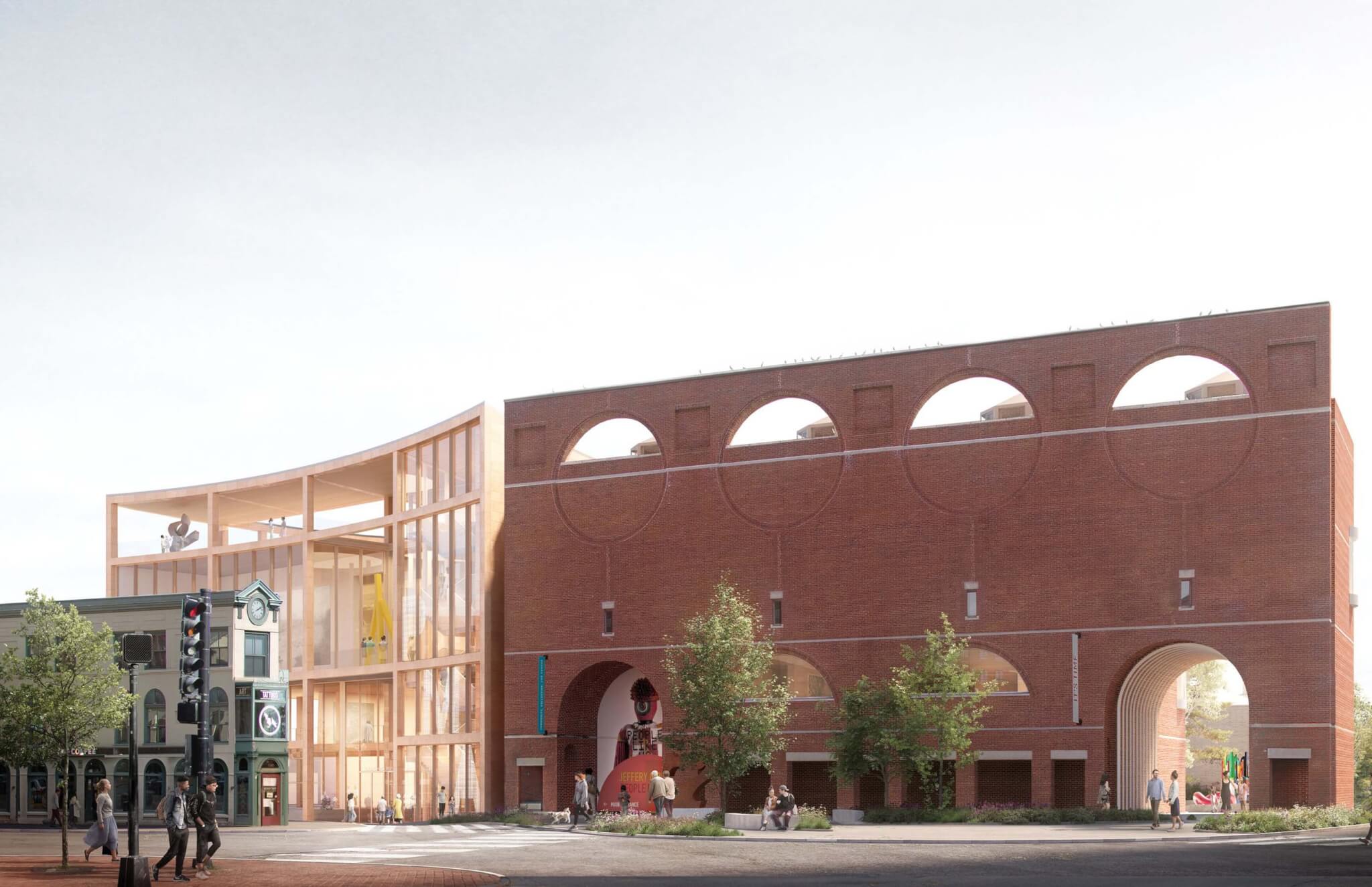 rendering of museum expansion with curved timber structure