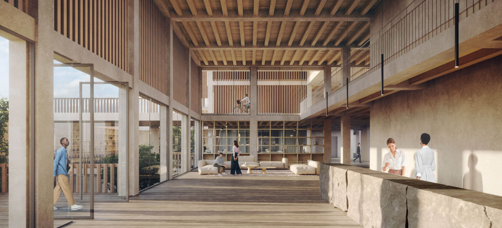 rendering of interior with wood and beige materials