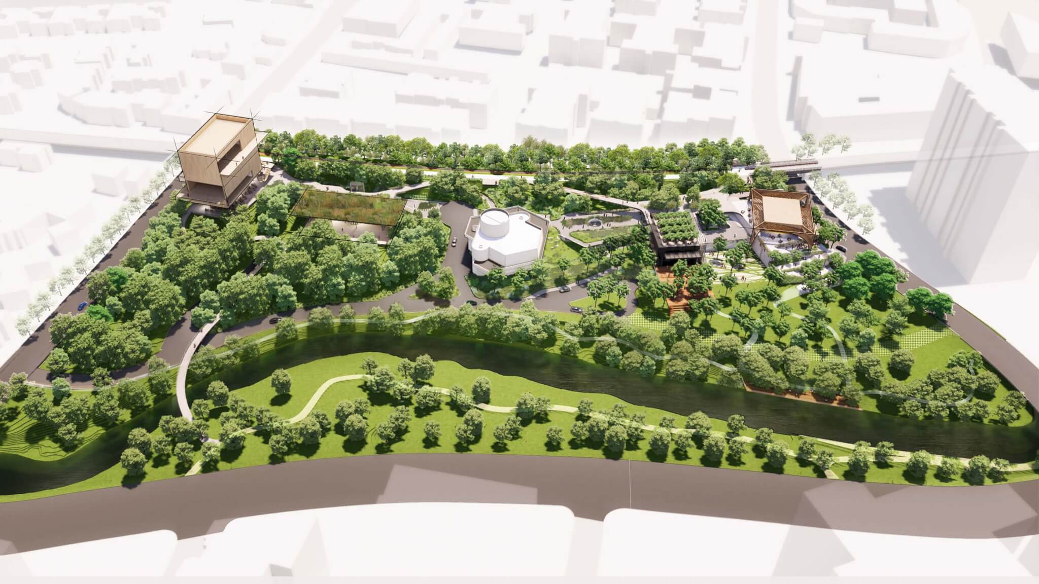 rendering of aerial view with park and theater