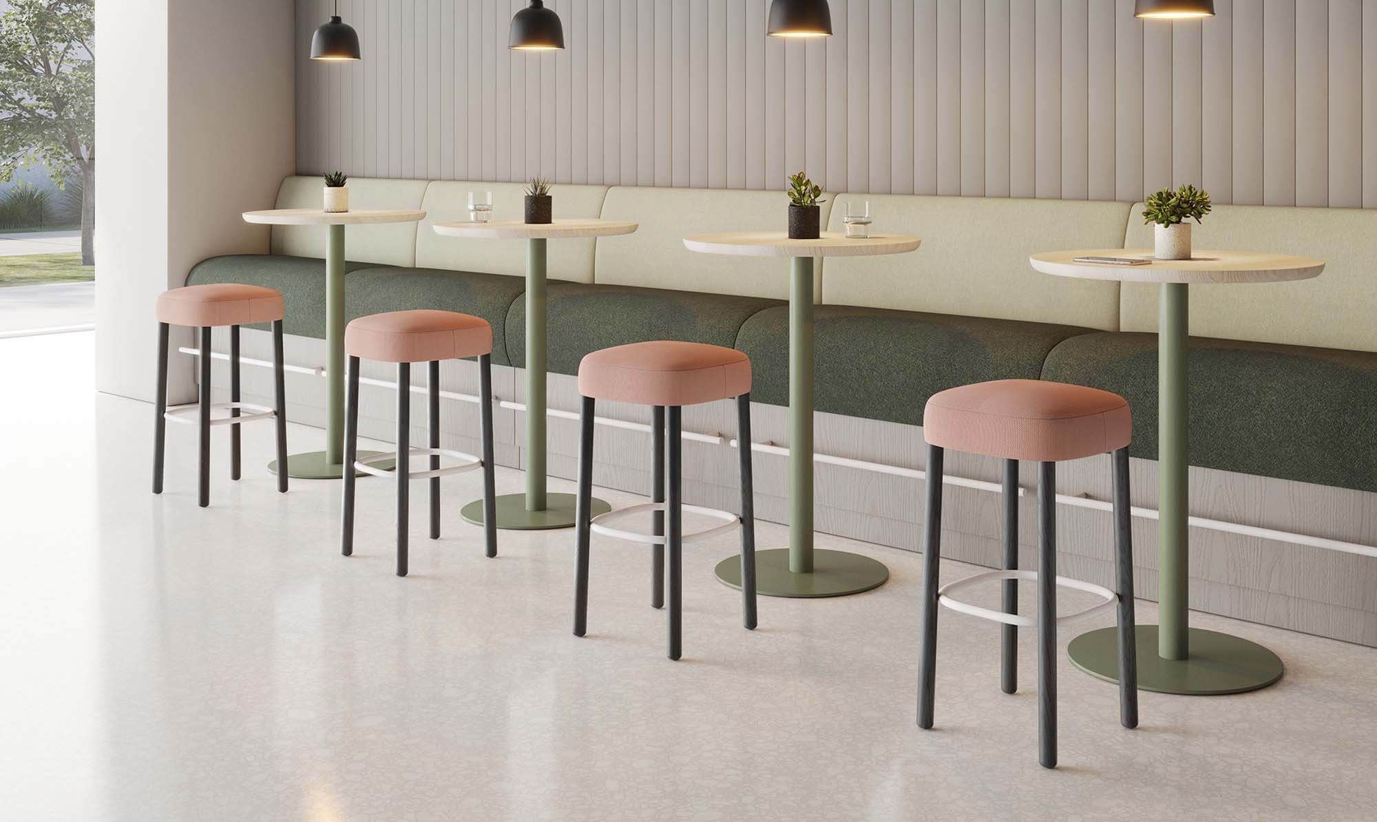 pink stools with green seating