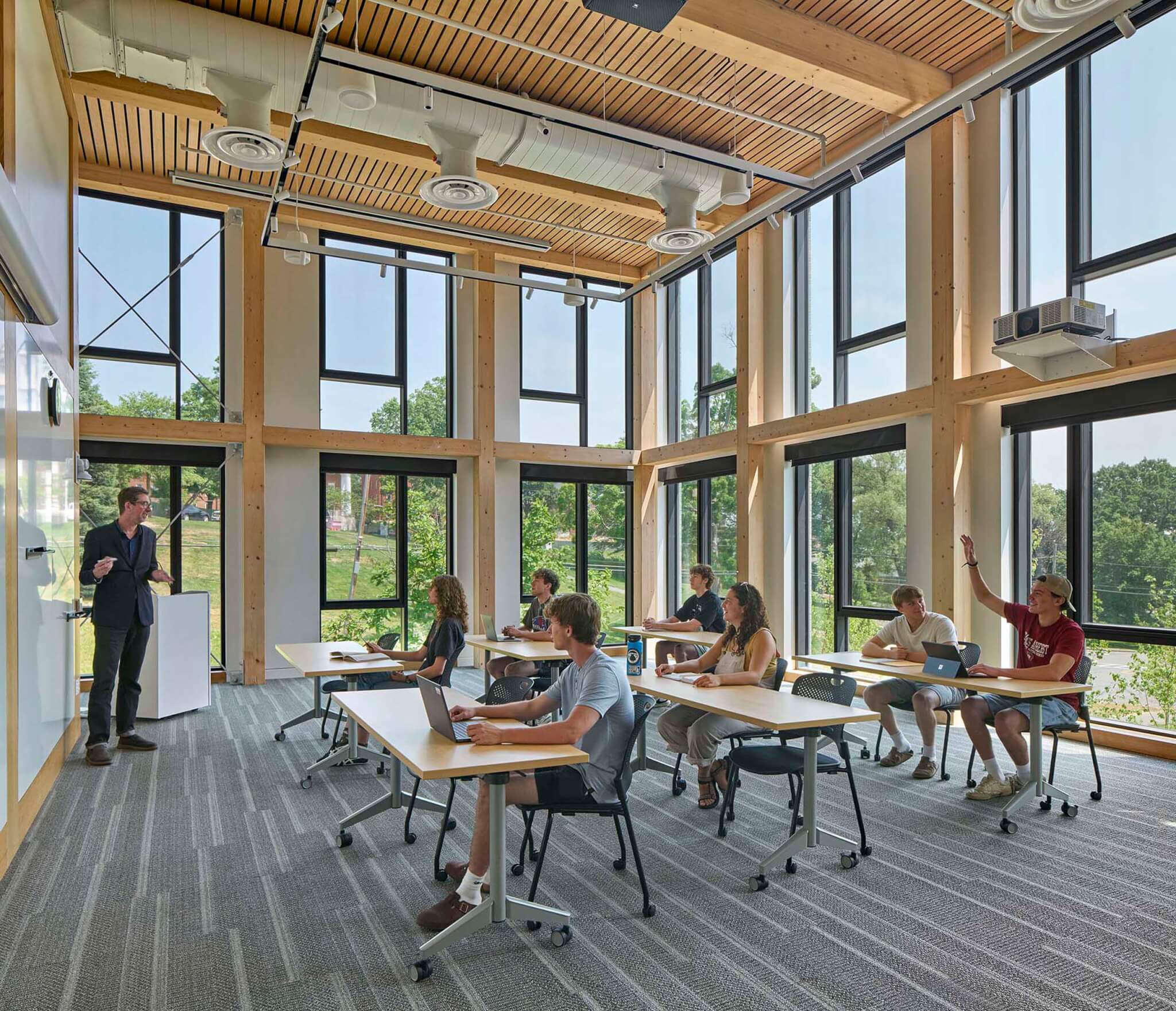 mass timber components in the interior of the building at Amherst College