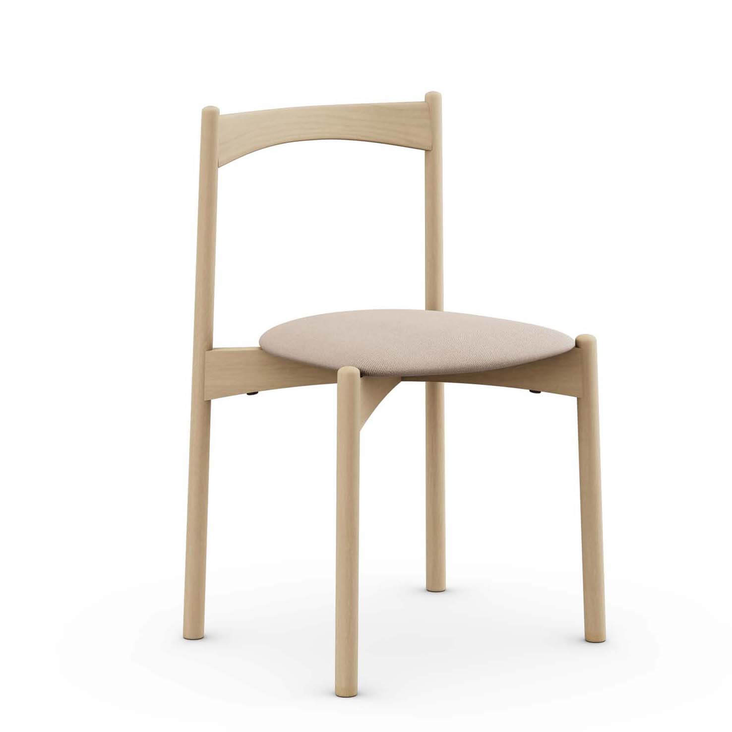 Simple wooden indoor dining chair with beige cushioned seat.