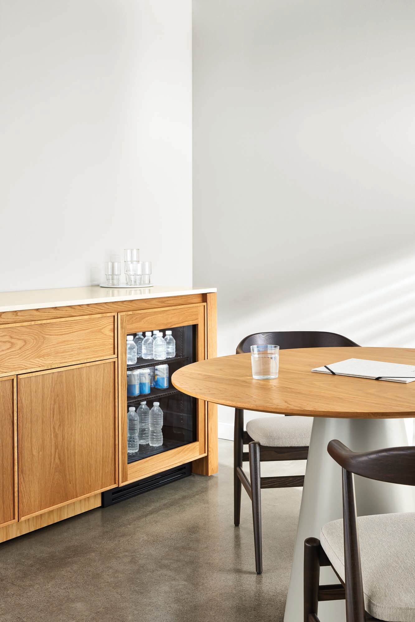 Wooden top indoor table top in an office setting.