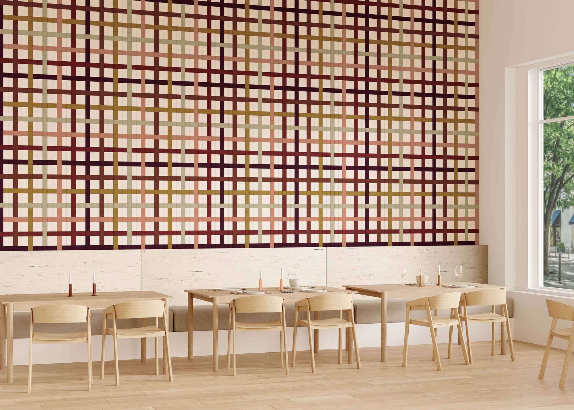 Woven acoustic textile wall in a restaurant setting by FilzFelt.