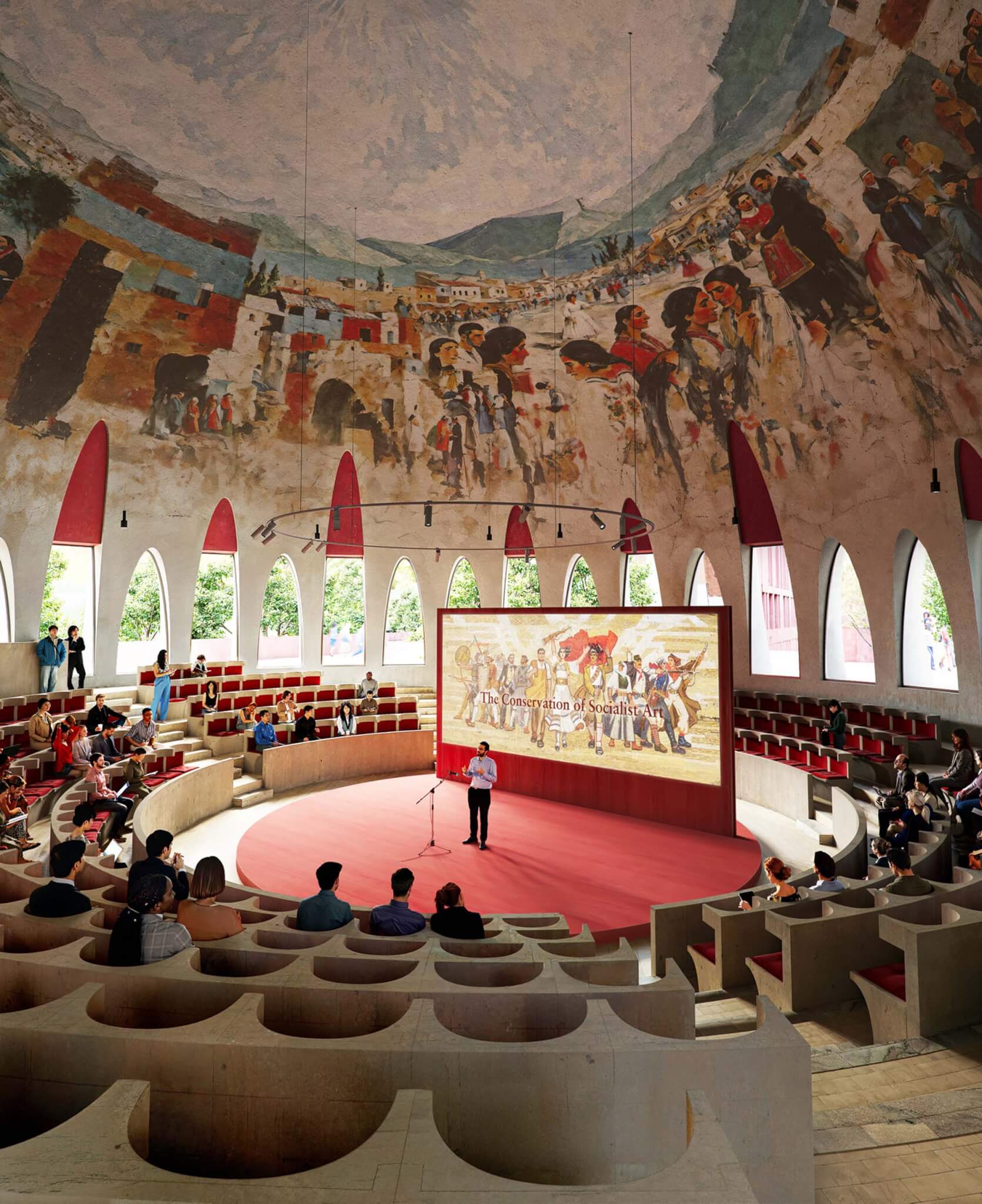 a mural on the ceiling of the agora with seating arranged in a circular formation