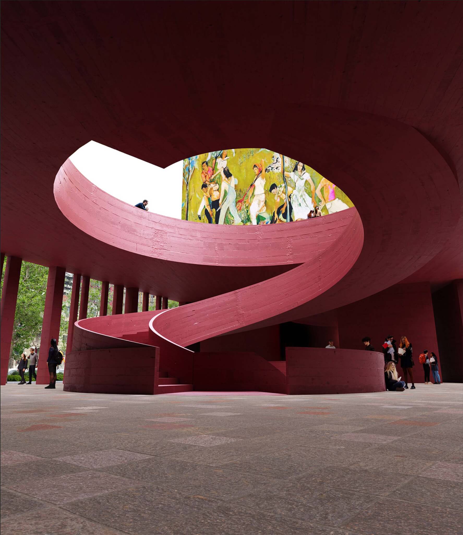 a staircase in the building is red and curves