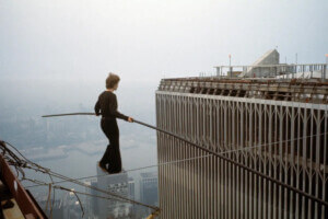 Philippe Petit on his famous walk between Minoru Yamasaki’s Twin Towers