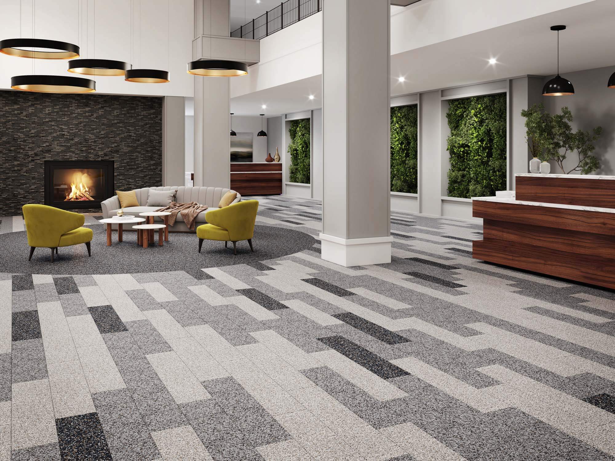 Hotel lobby with grey scale rubber acoustic floor tiles by Regupol.