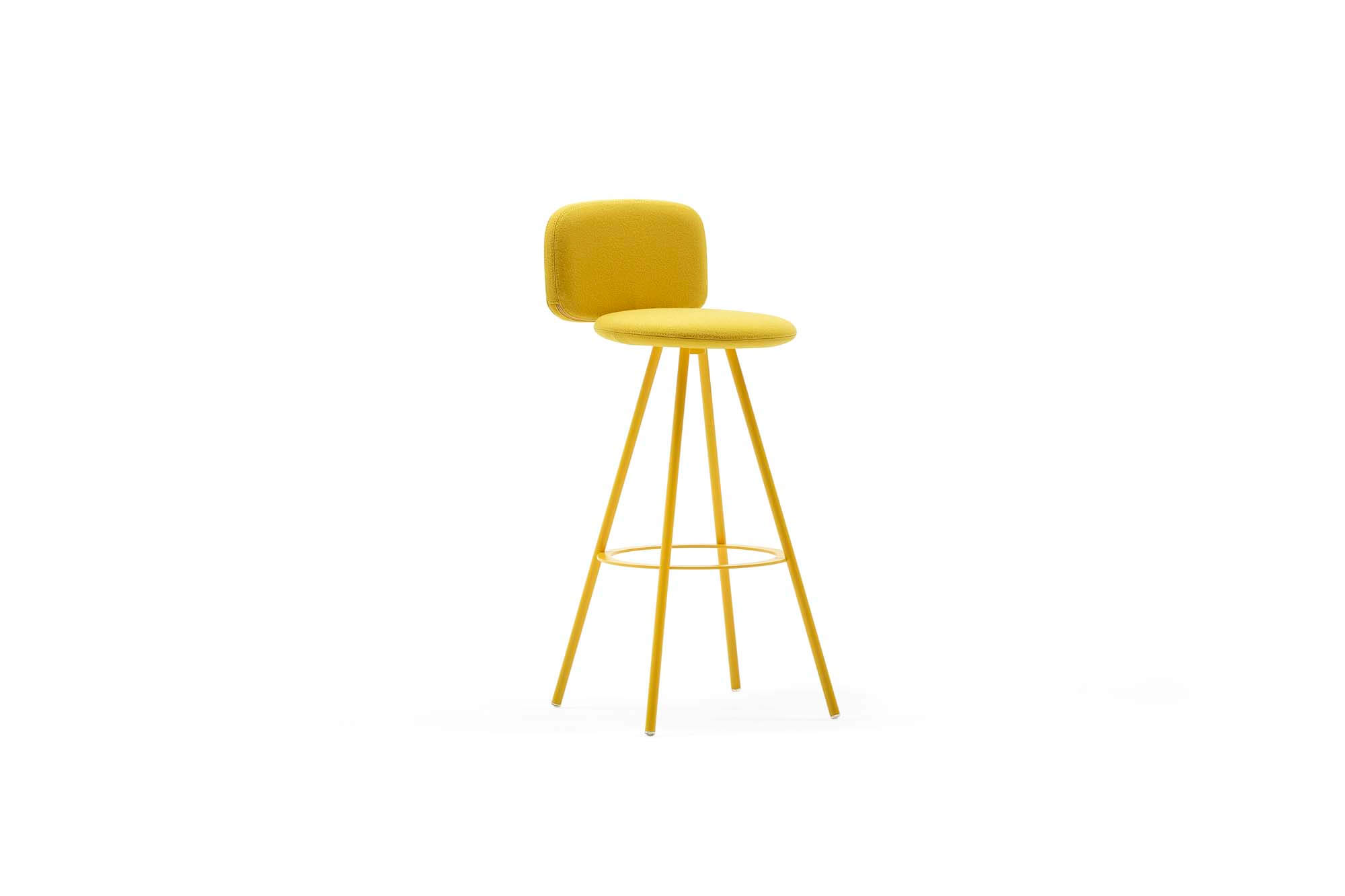 A singular tall indoor stool in bright yellow color.