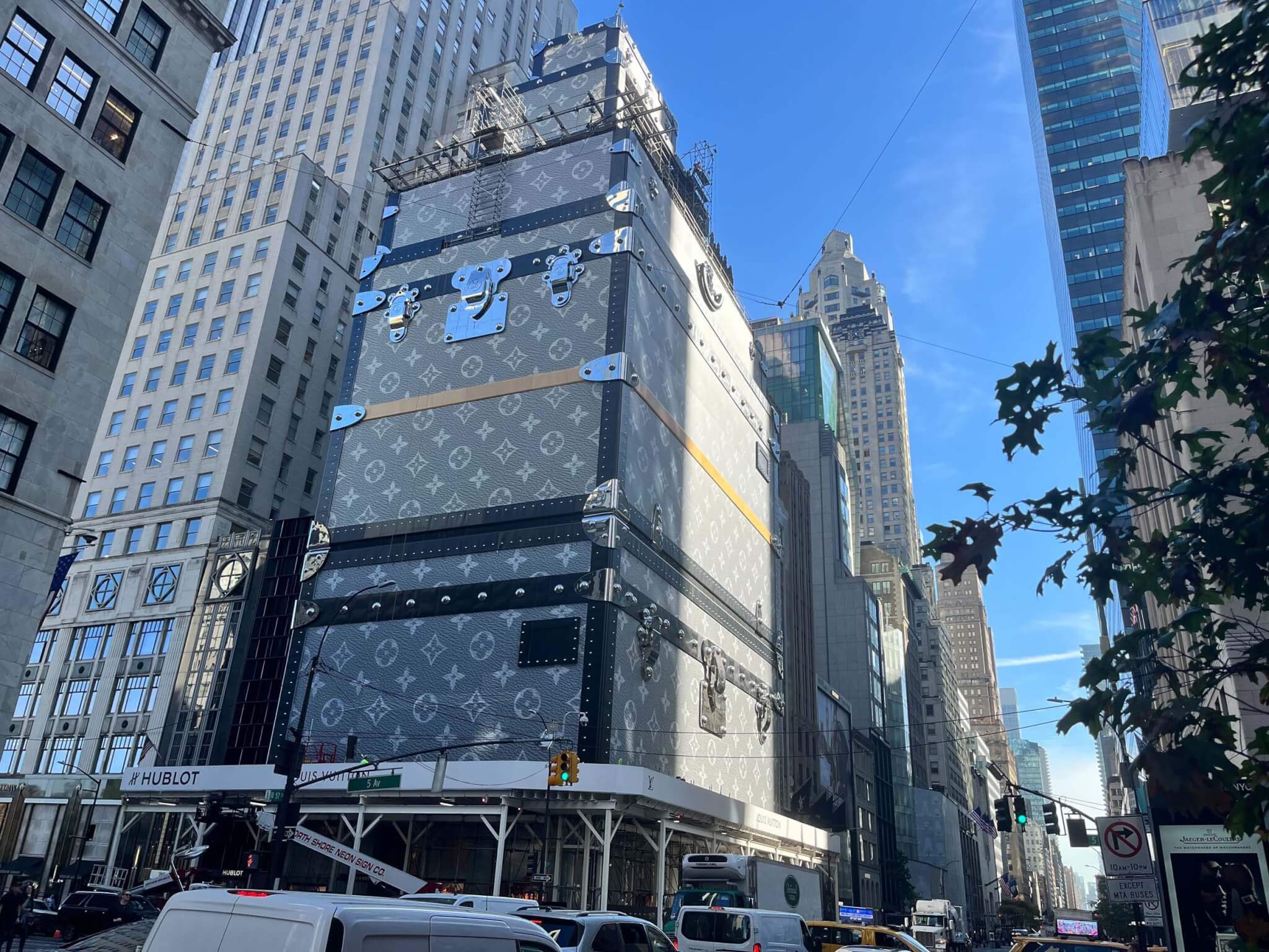 building in new york city wrapped like Louis Vuitton luggage