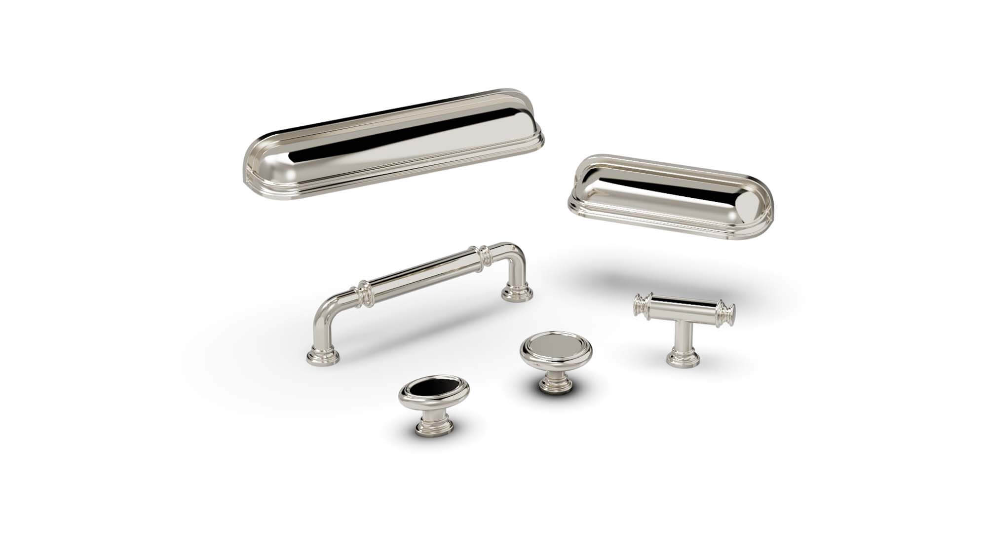 Shiny set of various silver door knobs by belwith Keeler.