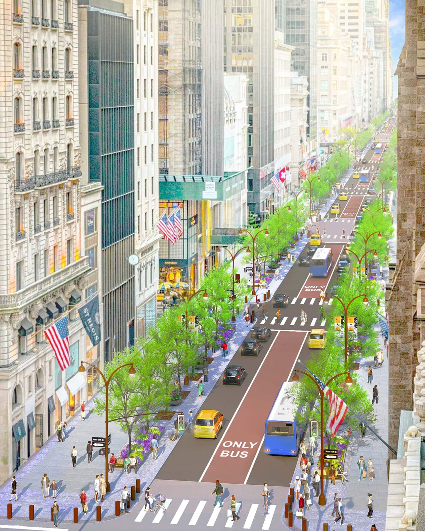 a rendering of Fifth Avenue with shops and pedestrians milling around