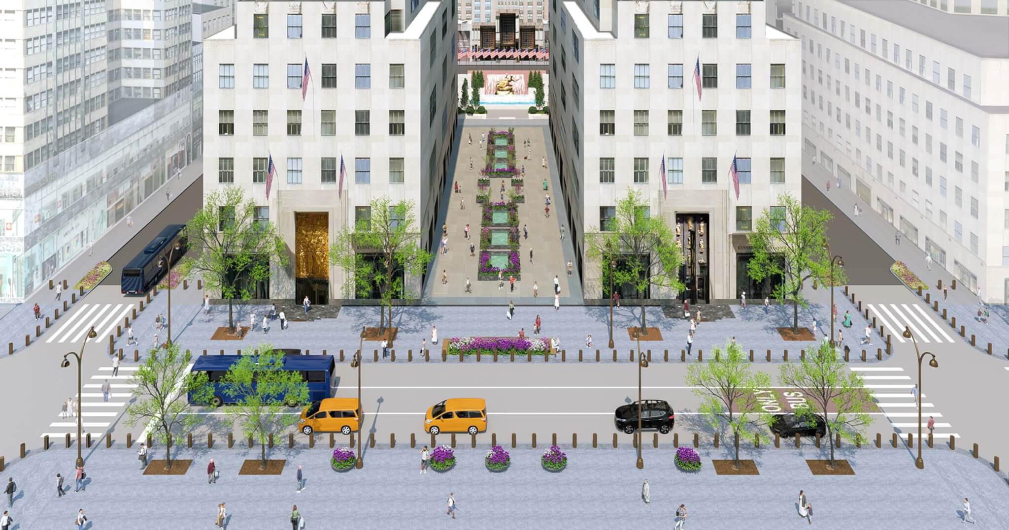 the redesign of Fifth Avenue addresses lanes and paths in front of Rockefeller Center