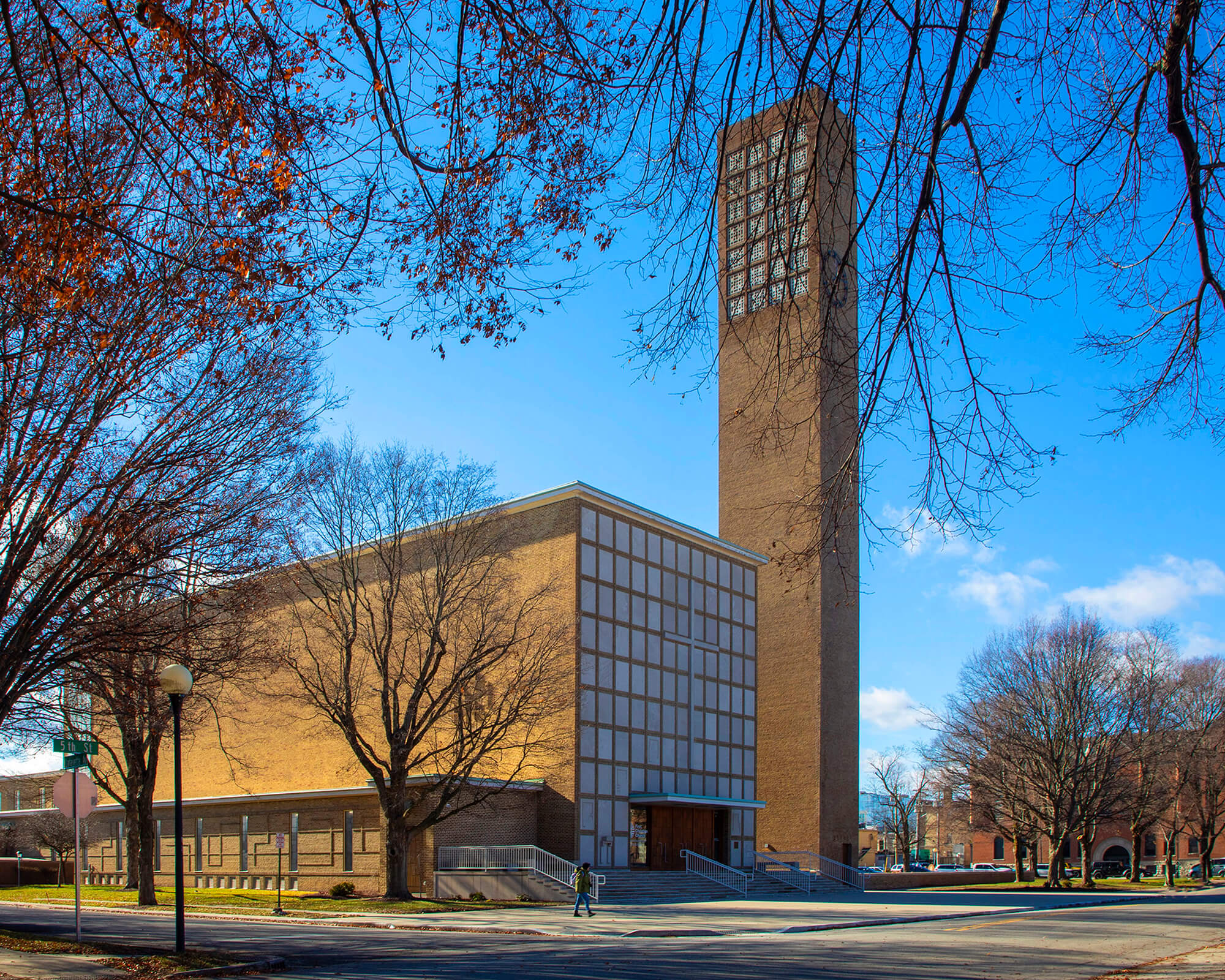 First Christian Church’s clock tower, completed by Eliel and Eero Saarinen in 1942, has been restored in Columbus, Indiana