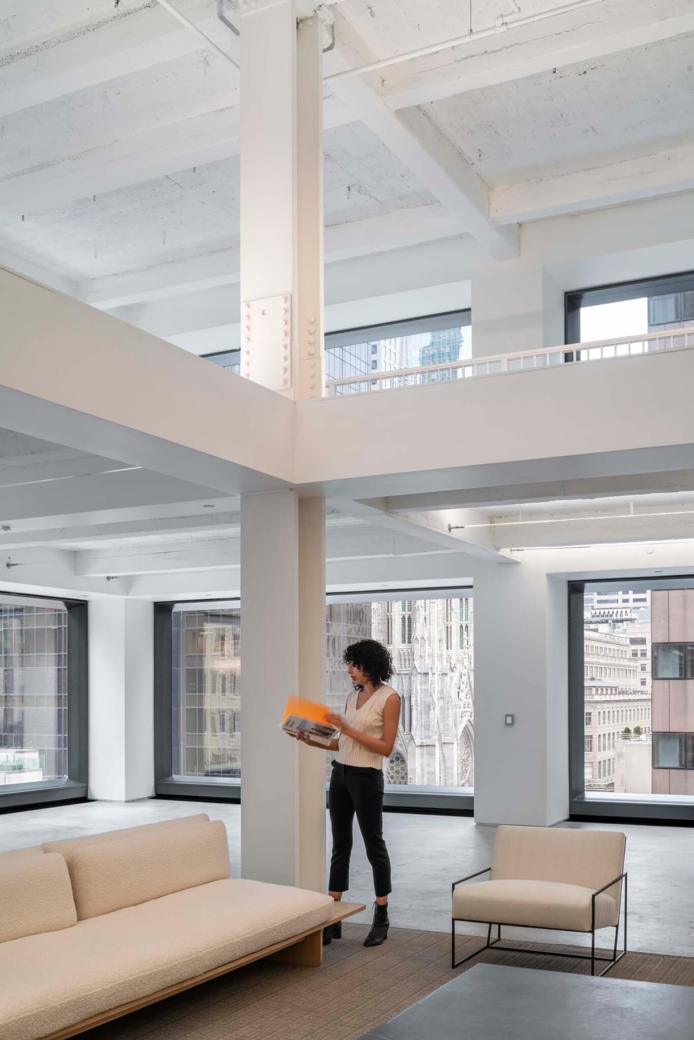 interior office space has high ceilings 