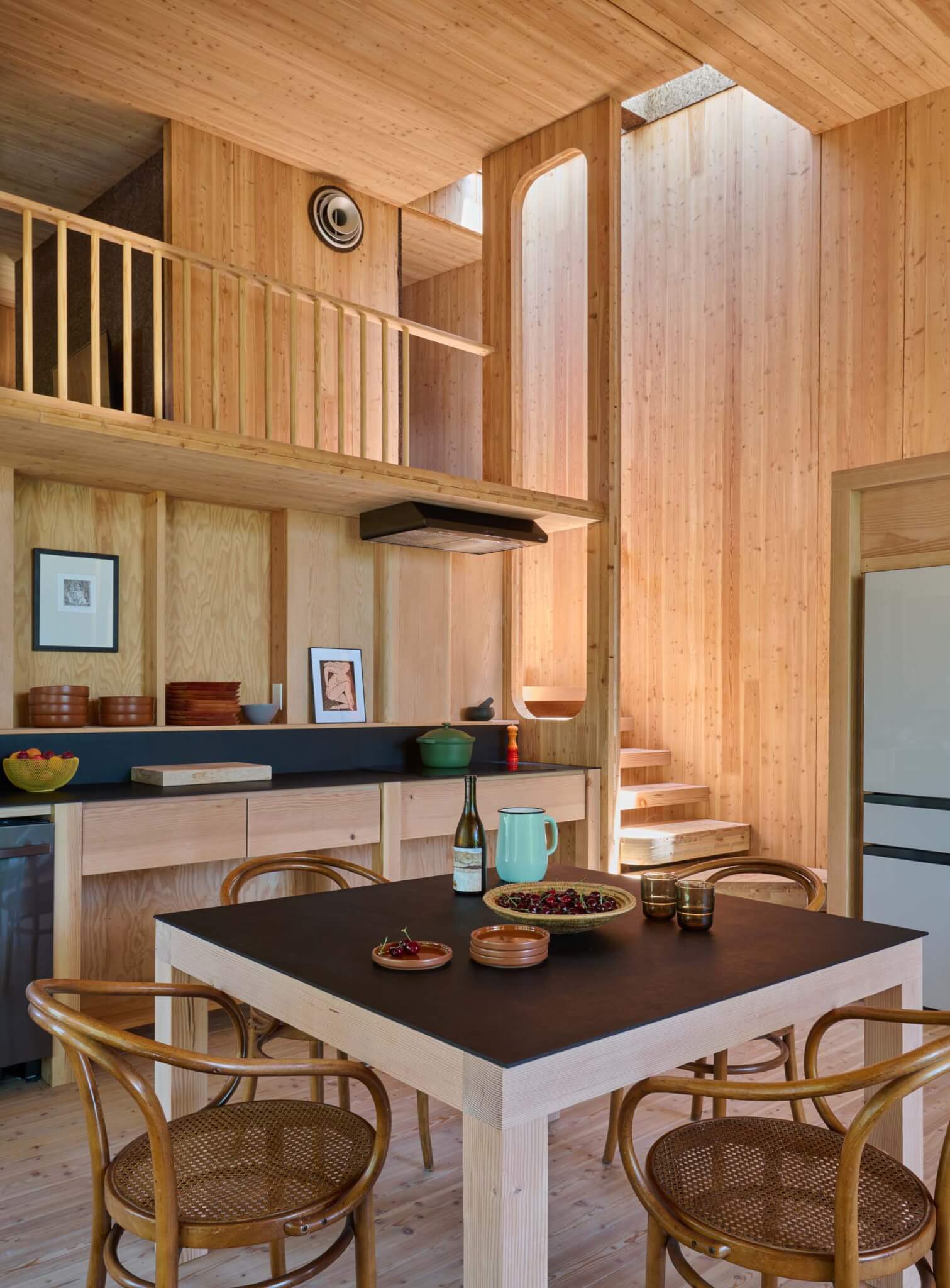 wood kitchen and wood interior balcony level