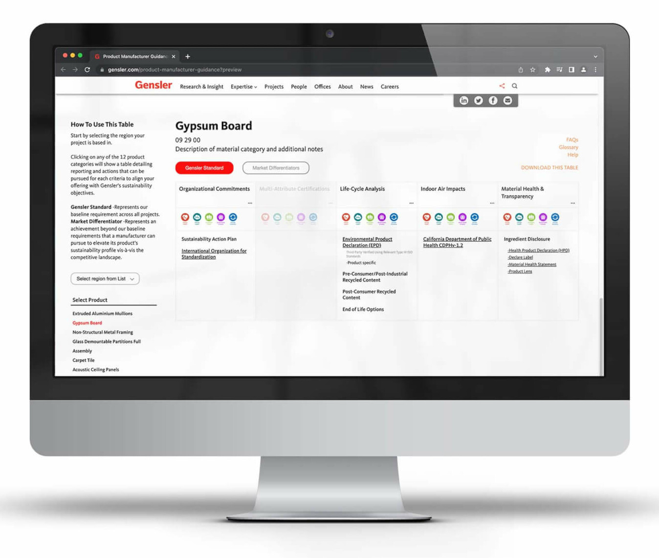 mockup of Gensler Product Sustainability Standards on a computer screen