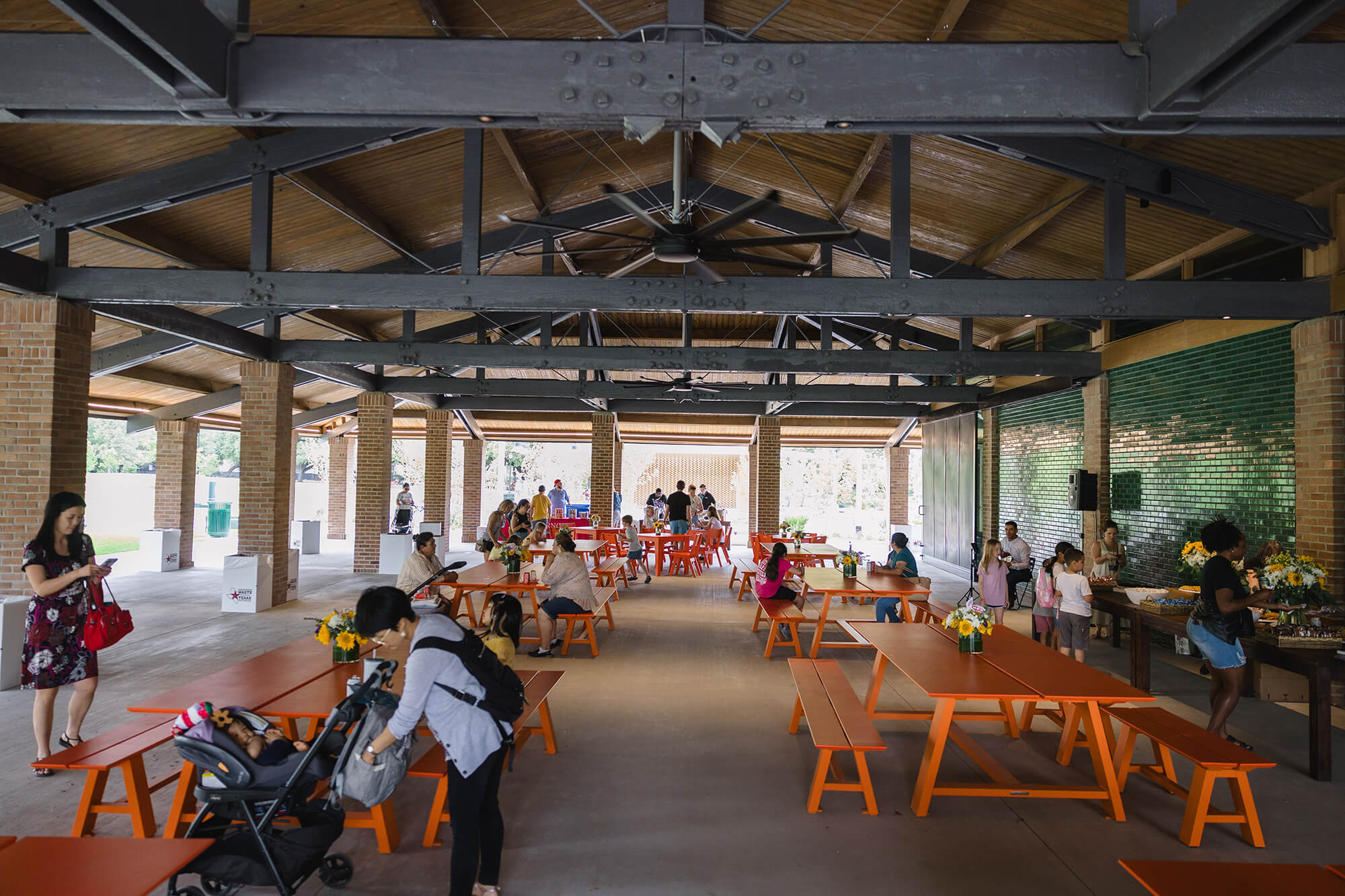 Picnic tables in the Hermann Park pavilion