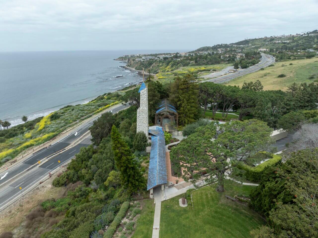 aerial view of Wayfarers Chapel site showing ocean views