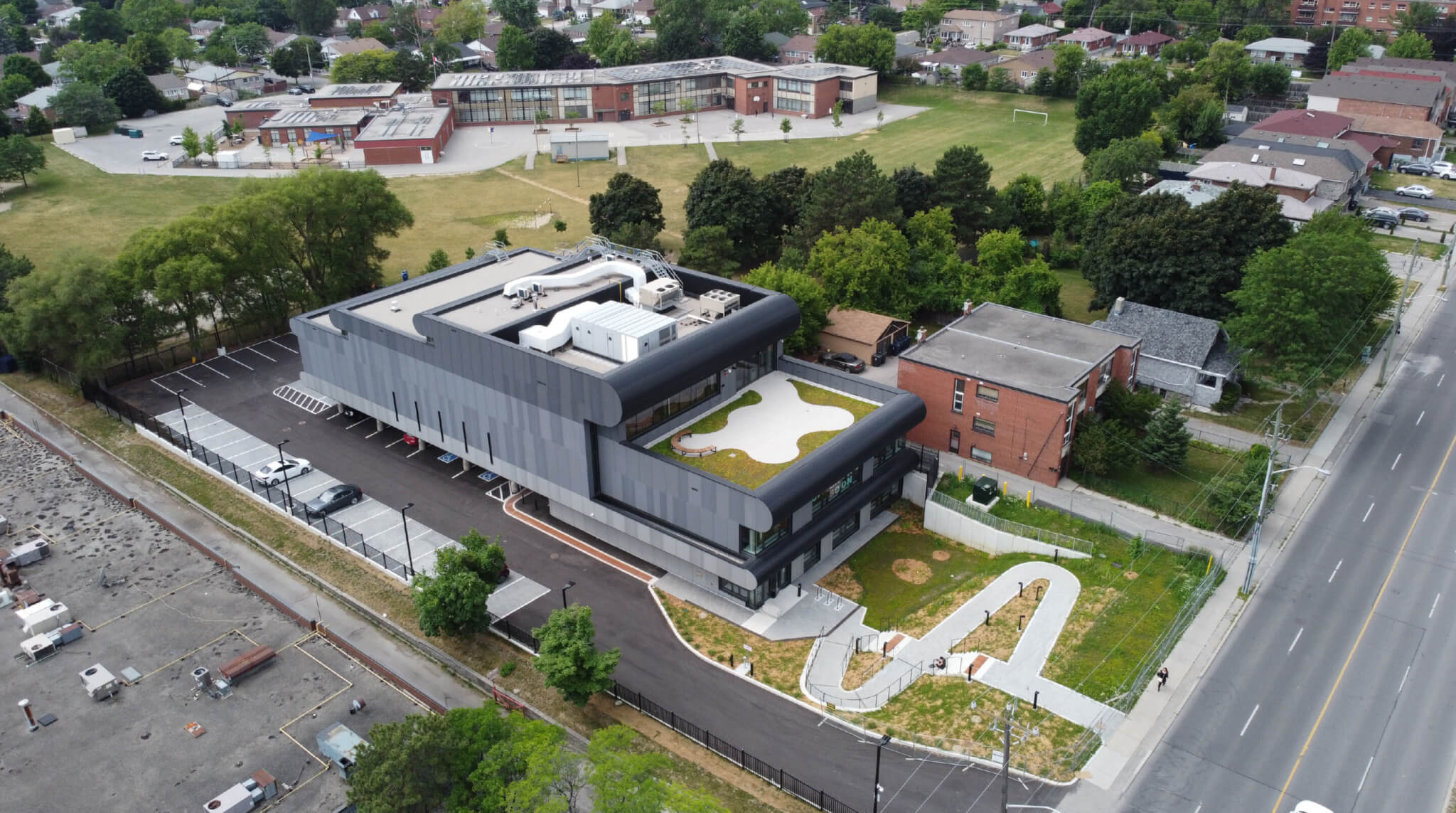 aerial view of library building and site