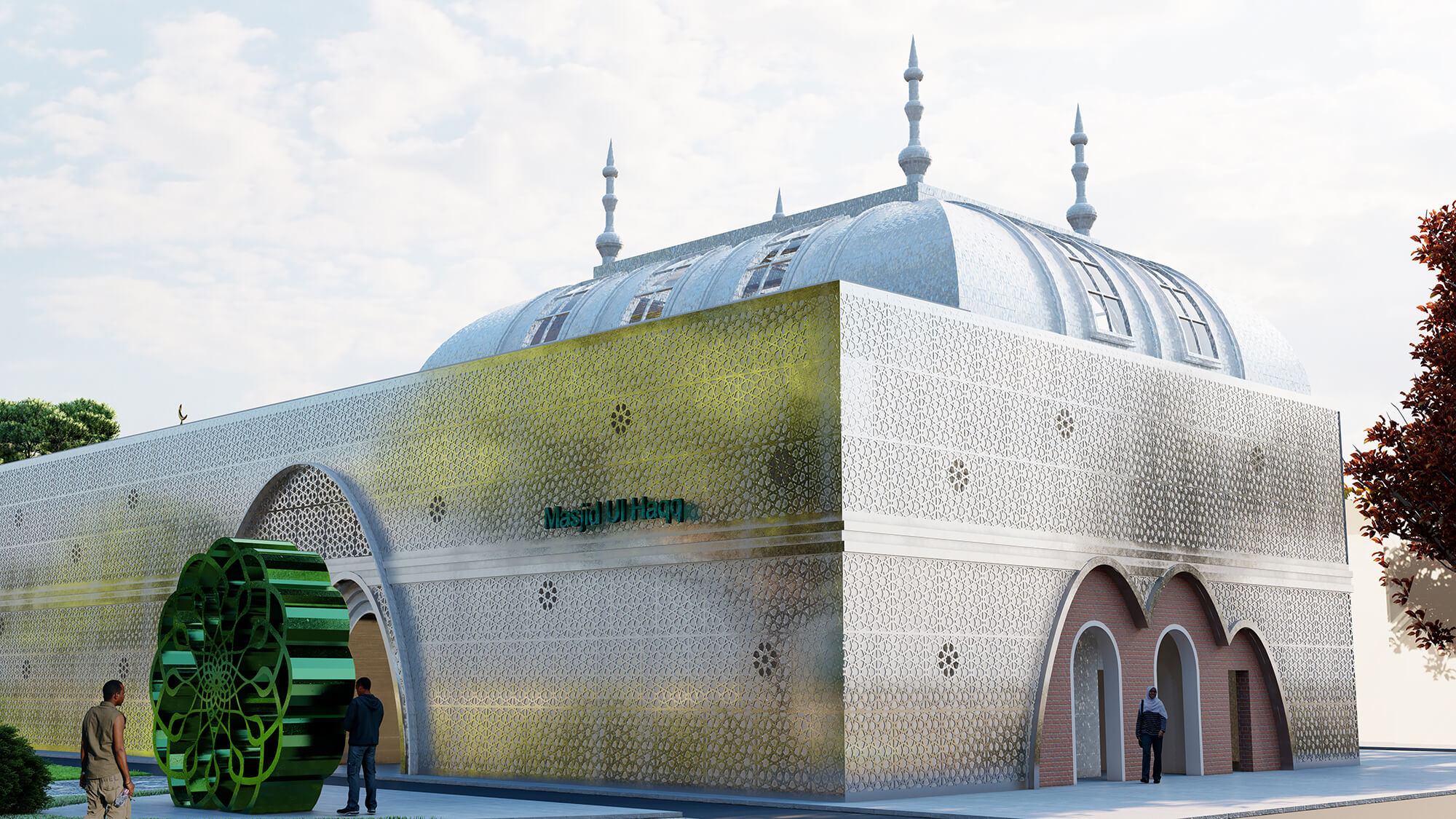 rendering of new mosque showing reflective facade