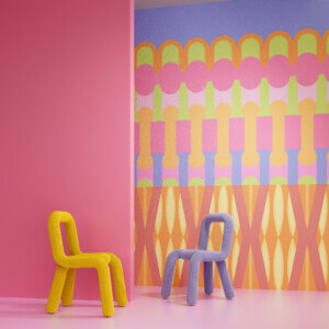 colorful chairs and patterned backdrop by Momentum and Yinka Ilori for NeoCon