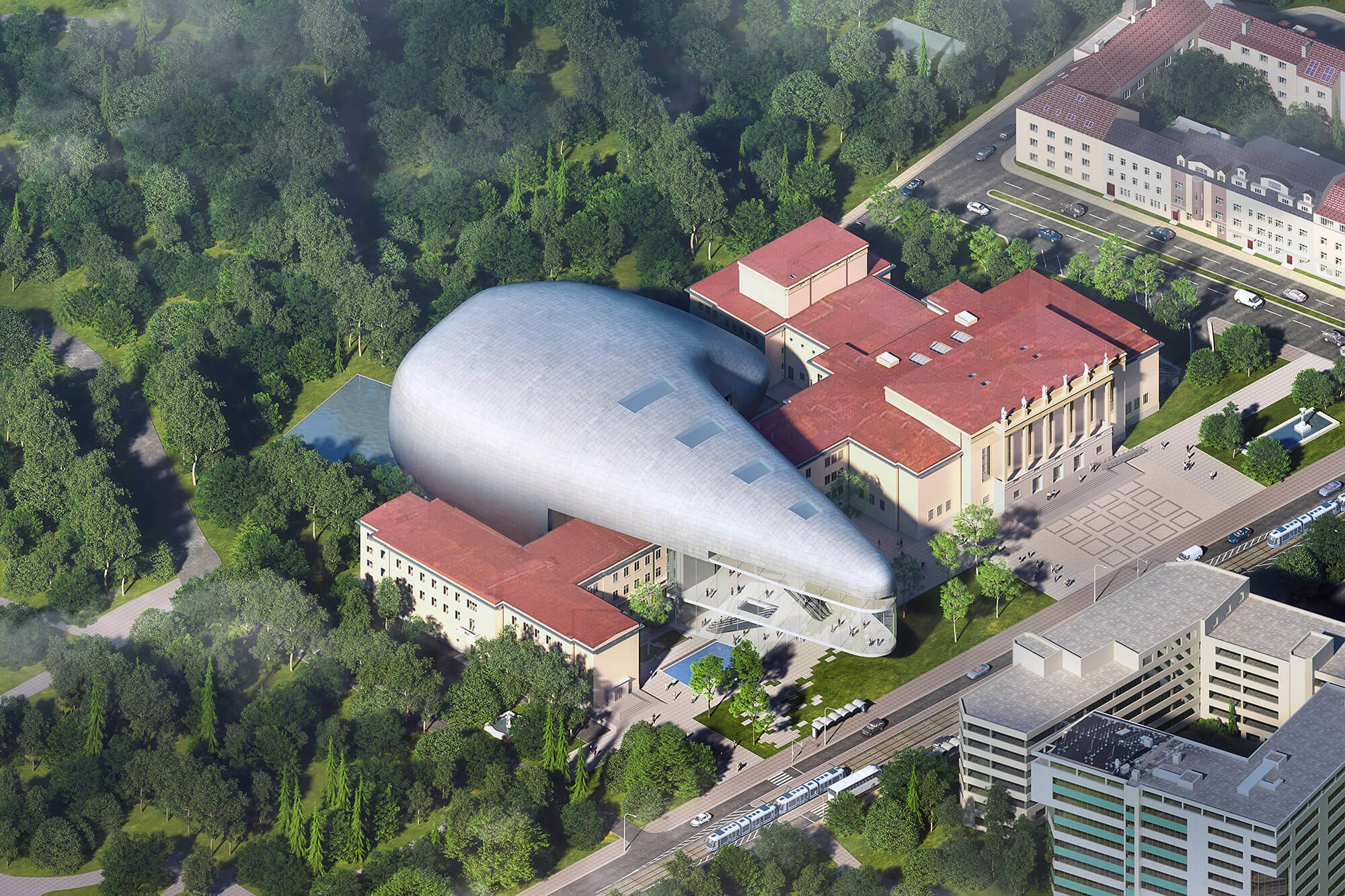 the silver roof spans over the existing Ostrava House of Culture