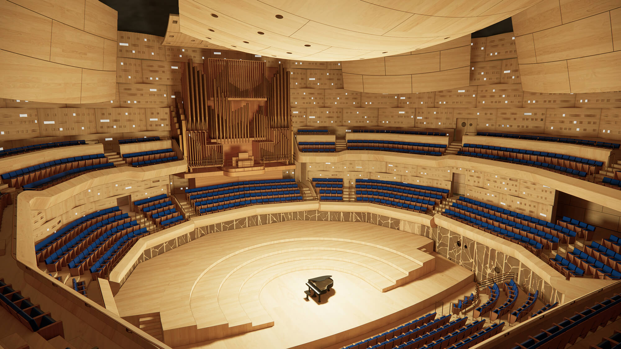 wood-clad theater space with concert piano in the center