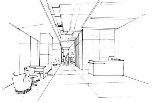 a sketch of an office lobby corridor