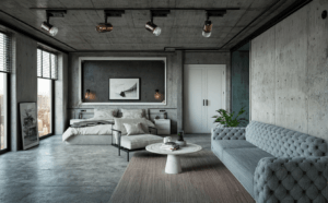 interior rendering of a living room with gray furnishings