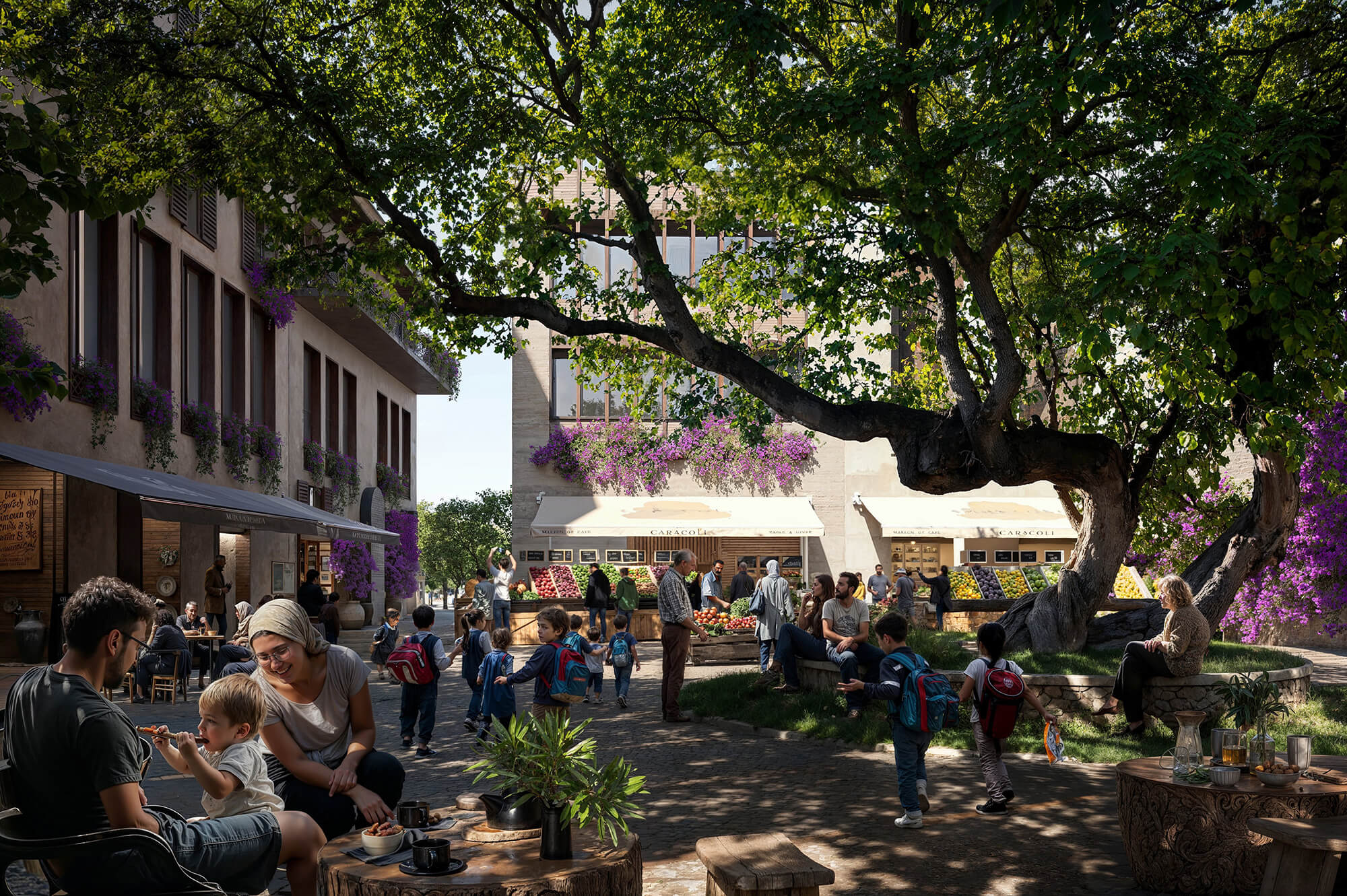 rendering of a rebuilt Antakya showing people walking and hinging out in tree-filled plaza