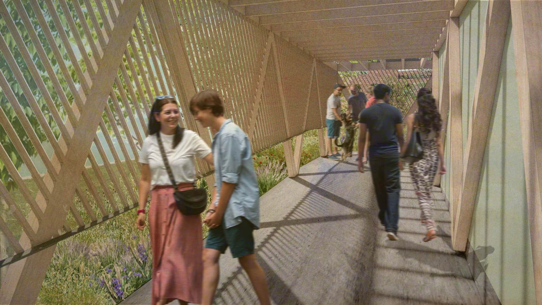 People walk through a wooden gateway at Monospace, a multi use food and music venue in Chattanooga, Tennessee and designed by Mattaforma.