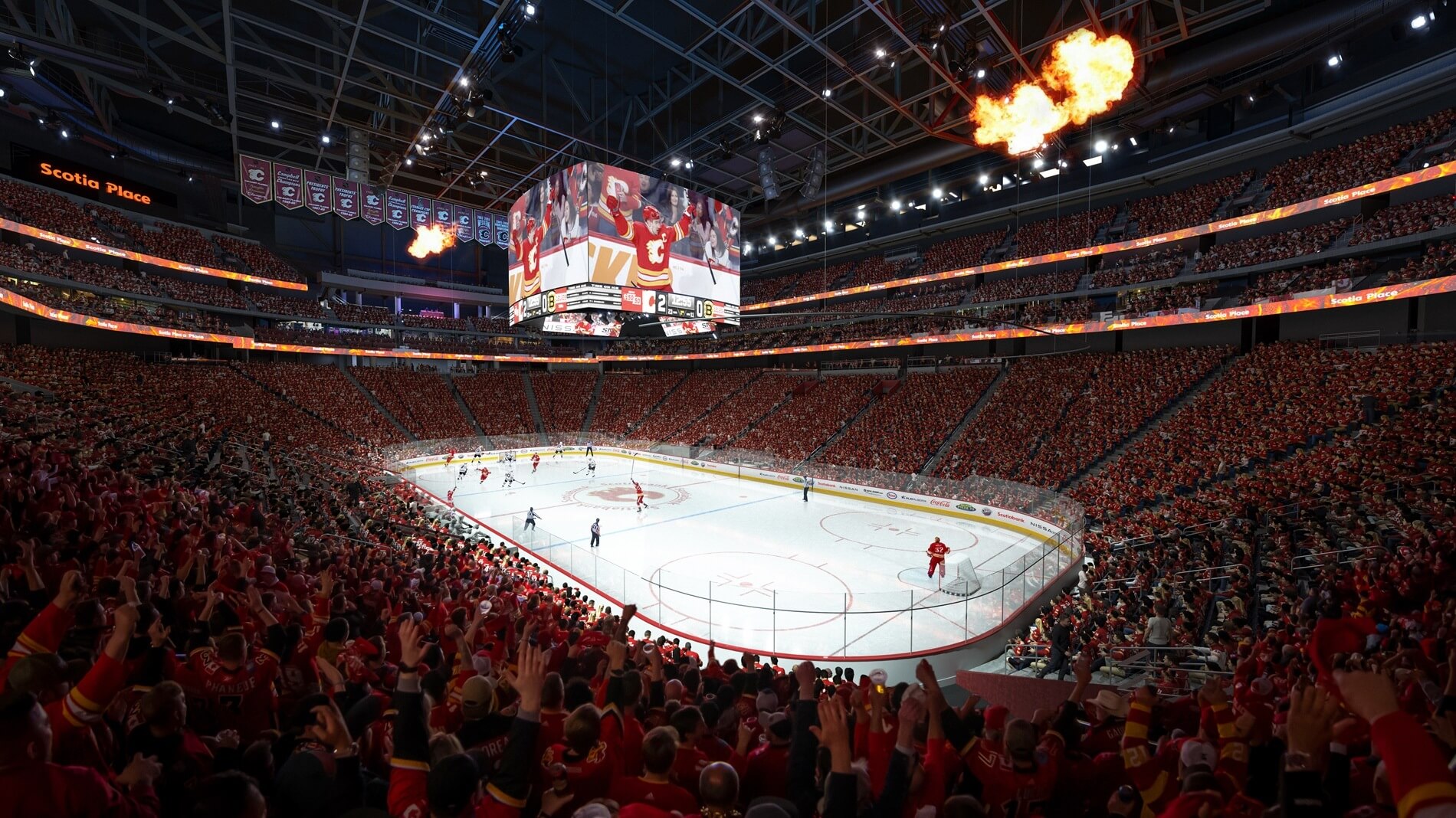 inside the arena with a hockey game happening on the ice