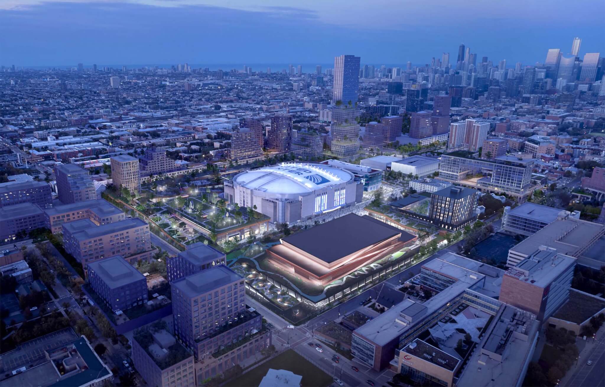 aerial view rendering with United Center at center and new park space surrounding