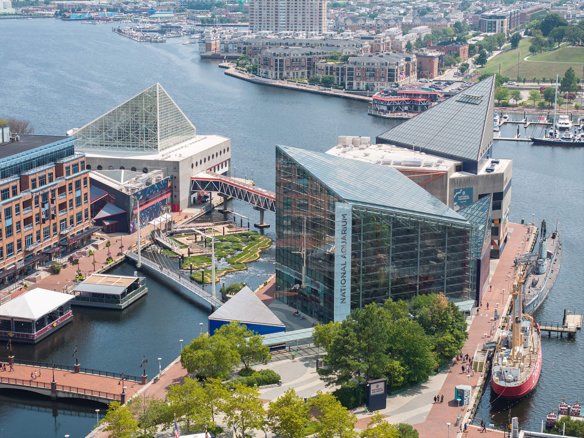 aerial view of the floating wetland and the National Aquarium 