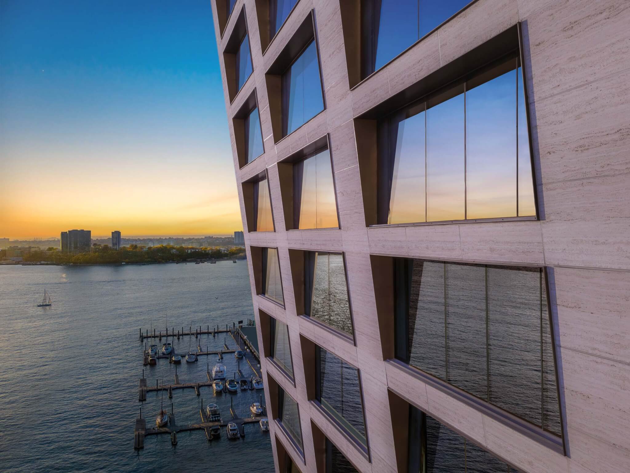 Windows in the facade are recessed