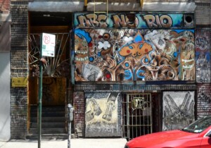 ABC No Rio’s building at 156 Rivington Street in New York’s Lower East Side before it was demolished in 2016 covered in graffiti art