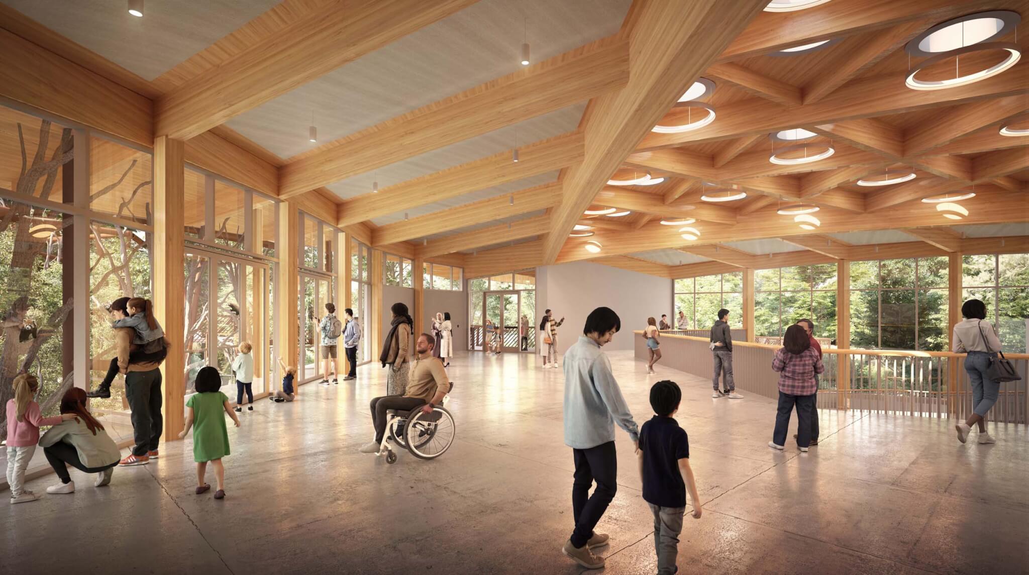 interior of new pavilion showing plywood timber ceiling