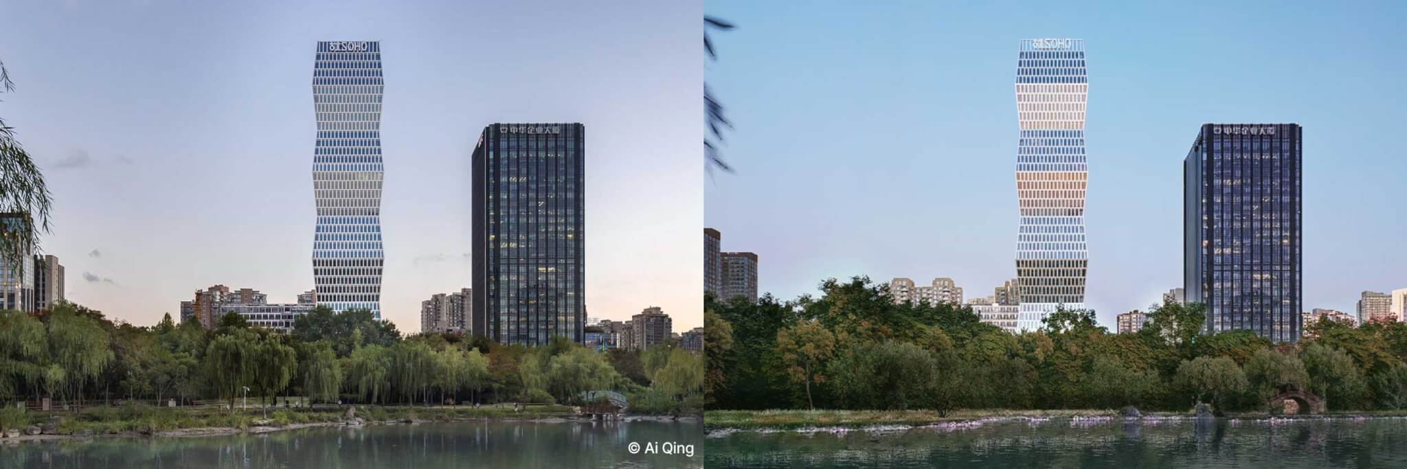 side-by-side comparison of building renderings 